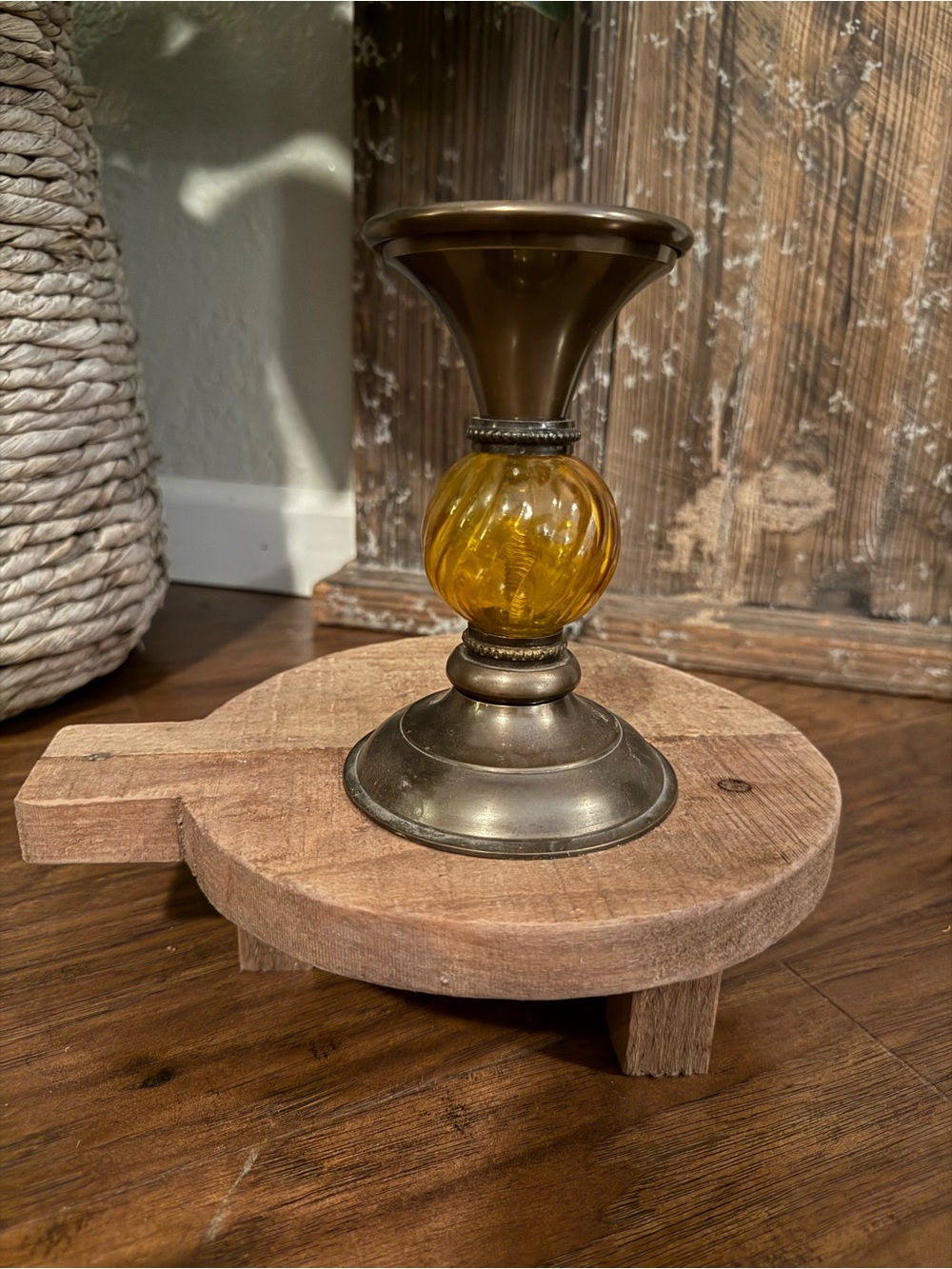 Brass Accent Candle Holder with Amber Glass Globe 6”